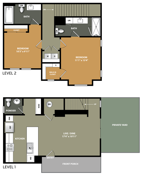A floor plan of a two-level home with labeled rooms and dimensions.